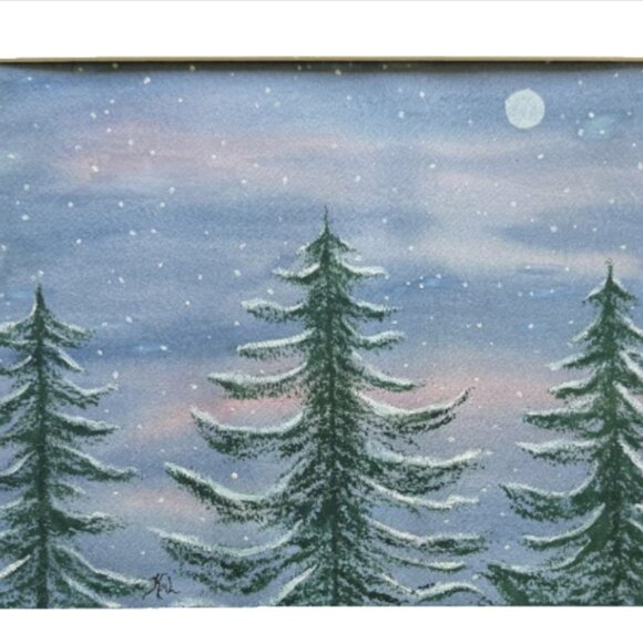 Painting Watercolor Trees Winter Landscape Snow Original Art 11x14 and Mat 16x20 - Picture 1 of 3